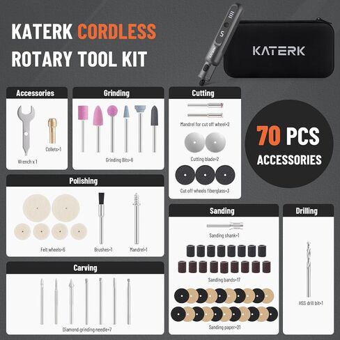 Katerk Cordless Rotary Tool Kit, 3.7V Mini Rotary Tool with 5 Speed and 70PCS Accessories, 20000RPM, USB Charging Multi-Purpose Power Tool for Engraving, Sanding, Drilling, Polishing, Cutting, Grey in Kuwait