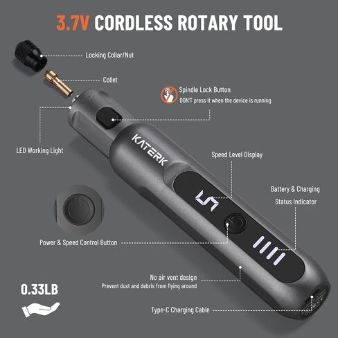 Katerk Cordless Rotary Tool Kit, 3.7V Mini Rotary Tool with 5 Speed and 70PCS Accessories, 20000RPM, USB Charging Multi-Purpose Power Tool for Engraving, Sanding, Drilling, Polishing, Cutting, Grey in Kuwait
