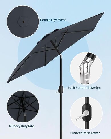 Market Umbrella, 7.5Ft Heavy Duty Outdoor,Steel Pole, Push Button Tilt, Easy Crank Lift, Weather-Resistant Polyester Canopy, 6-Rib Frame for Patio, Garden, Balcony in Saudi Arabia