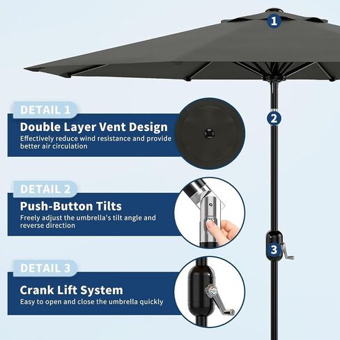 Market Umbrella, 7.5Ft Heavy Duty Outdoor,Steel Pole, Push Button Tilt, Easy Crank Lift, Weather-Resistant Polyester Canopy, 6-Rib Frame for Patio, Garden, Balcony in Saudi Arabia