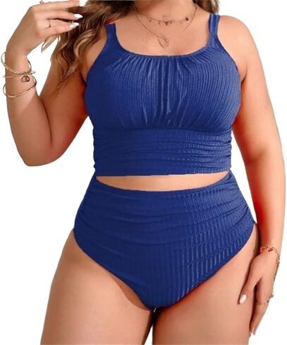 Women's Two Piece Swimsuit, Plus Size 4XL High Waisted Textured Bikini Set, Ruched Crop Top Oversize Royal Blue Swimwear in Saudi Arabia