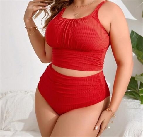 Women's Two Piece Swimsuit, Plus Size 4XL High Waisted Textured Bikini Set, Ruched Crop Top Oversize Royal Blue Swimwear in Saudi Arabia