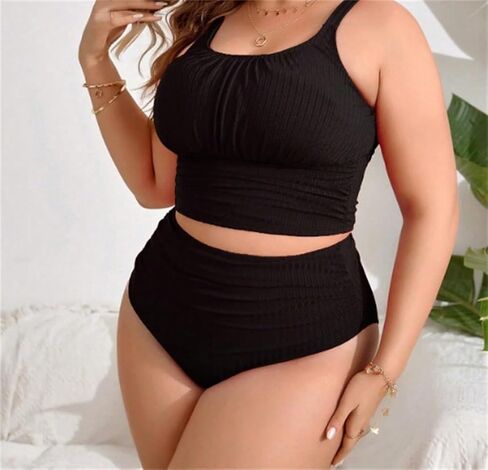 Women's Two Piece Swimsuit, Plus Size 4XL High Waisted Textured Bikini Set, Ruched Crop Top Oversize Royal Blue Swimwear in Saudi Arabia
