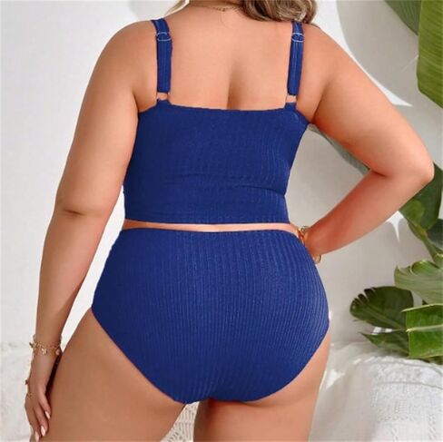 Women's Two Piece Swimsuit, Plus Size 4XL High Waisted Textured Bikini Set, Ruched Crop Top Oversize Royal Blue Swimwear in Saudi Arabia