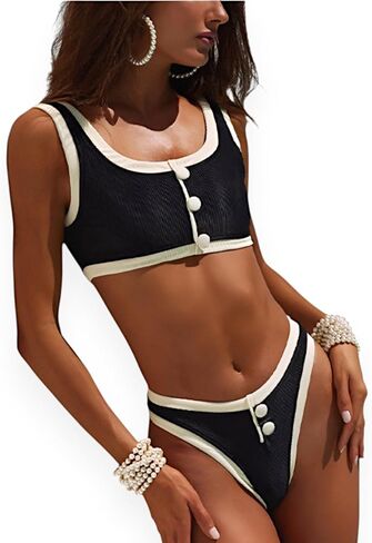 Women's Two Piece Bikini Set – Sexy High Waist Bottom & Plunge Halter Top in Kuwait