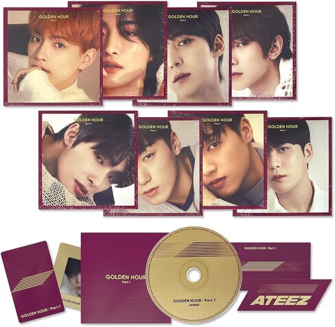 ATEEZ - 10th Mini Album GOLDEN HOUR : Part.1 Ver. - Random Ver. Cover + Photobook Logo Sticker + Bookmark + Slide Film + Photocard + 2 Pin Badges + 4 Extra Photocards in Saudi Arabia