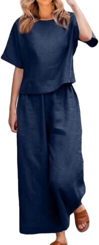 Women's 2 Piece Outfits Linen Lounge Set Tracksuits Loungewear Short Sleeve Crop Top and Wide Leg Pants Matching Set in Kuwait