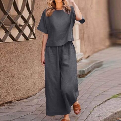 Women's 2 Piece Outfits Linen Lounge Set Tracksuits Loungewear Short Sleeve Crop Top and Wide Leg Pants Matching Set in Kuwait