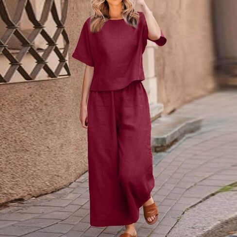 Women's 2 Piece Outfits Linen Lounge Set Tracksuits Loungewear Short Sleeve Crop Top and Wide Leg Pants Matching Set in Kuwait