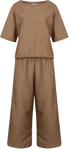 Women's 2 Piece Outfits Linen Lounge Set Tracksuits Loungewear Short Sleeve Crop Top and Wide Leg Pants Matching Set in Kuwait