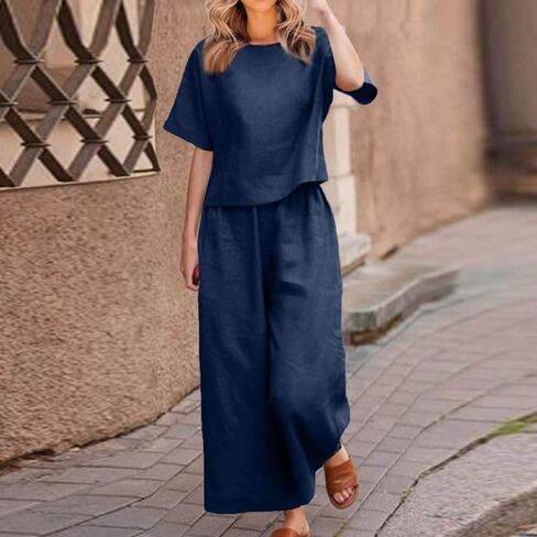 Women's 2 Piece Outfits Linen Lounge Set Tracksuits Loungewear Short Sleeve Crop Top and Wide Leg Pants Matching Set in Kuwait