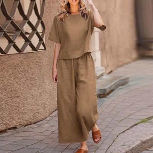 Women's 2 Piece Outfits Linen Lounge Set Tracksuits Loungewear Short Sleeve Crop Top and Wide Leg Pants Matching Set in Kuwait