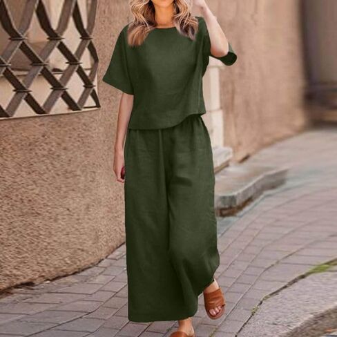 Women's 2 Piece Outfits Linen Lounge Set Tracksuits Loungewear Short Sleeve Crop Top and Wide Leg Pants Matching Set in Kuwait