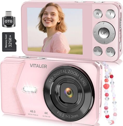 Digital Camera 4K Vlogging, Autofocus 48MP and 32G Card,Metal Shell, Black | Built-in 2000mAh Battery, Non-Slip Handle,48MP with Flash, 2.8" Screen, 18X Zoom for Beginner Teens Kids,Party & Travel in Saudi Arabia