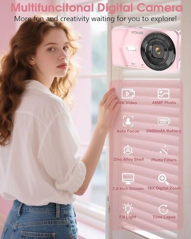 Digital Camera 4K Vlogging, Autofocus 48MP and 32G Card,Metal Shell, Black | Built-in 2000mAh Battery, Non-Slip Handle,48MP with Flash, 2.8" Screen, 18X Zoom for Beginner Teens Kids,Party & Travel in Saudi Arabia