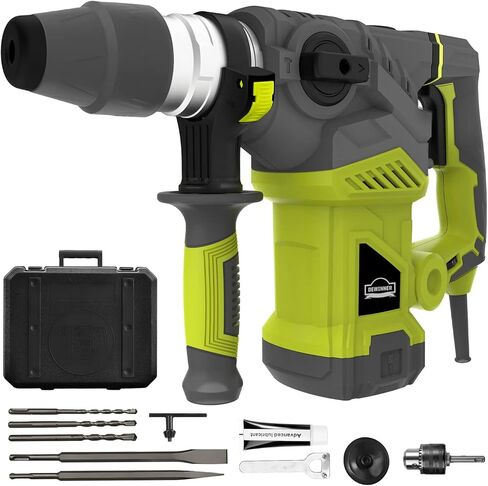 مثقاب مطرقة دوارة من DEWINNER OUTLET، 1-1/4 بوصة مع التحكم في الاهتزاز وقابض الأمان، مطرقة هدم شديدة التحمل 13 أمبير للخرسانة، بما في ذلك 3 رؤوس حفر، أزاميل مسطحة، أزاميل نقطة، ظرف الحفر in Kuwait