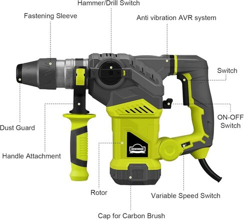 مثقاب مطرقة دوارة من DEWINNER OUTLET، 1-1/4 بوصة مع التحكم في الاهتزاز وقابض الأمان، مطرقة هدم شديدة التحمل 13 أمبير للخرسانة، بما في ذلك 3 رؤوس حفر، أزاميل مسطحة، أزاميل نقطة، ظرف الحفر in Kuwait