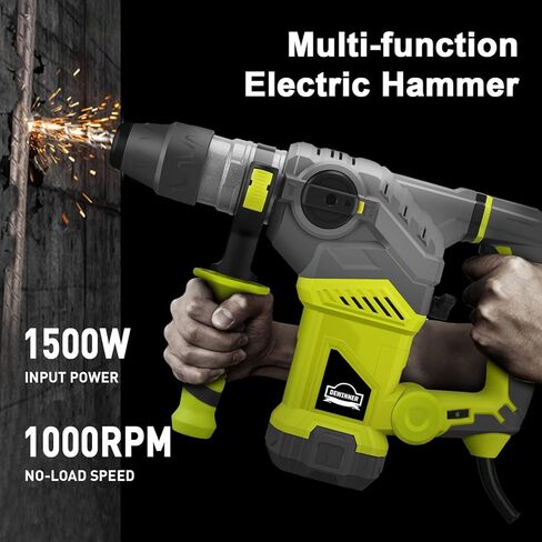 مثقاب مطرقة دوارة من DEWINNER OUTLET، 1-1/4 بوصة مع التحكم في الاهتزاز وقابض الأمان، مطرقة هدم شديدة التحمل 13 أمبير للخرسانة، بما في ذلك 3 رؤوس حفر، أزاميل مسطحة، أزاميل نقطة، ظرف الحفر in Kuwait