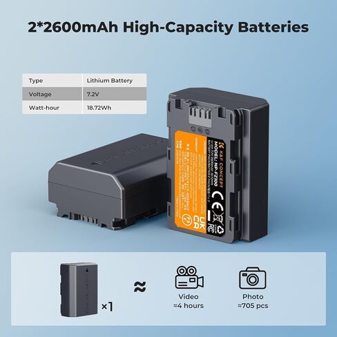 K&F Concept 2600mAh NP-FZ100 مجموعة ومجموعة الشاحن ، متوافقة مع A7III Battery A7 III ، A7IV ، FX3 ، FX30 ، A6600 ، A7C ، A6700 ، A7RIV ، A7SIII ، ZV-E1 ، ZV-E10II ، Alpha 9 II ، A9S in Saudi Arabia