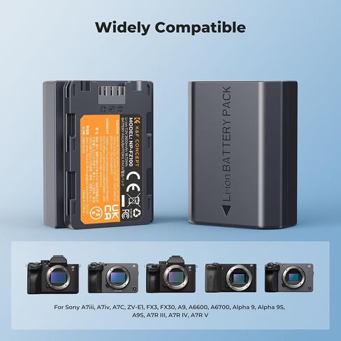 K&F Concept 2600mAh NP-FZ100 مجموعة ومجموعة الشاحن ، متوافقة مع A7III Battery A7 III ، A7IV ، FX3 ، FX30 ، A6600 ، A7C ، A6700 ، A7RIV ، A7SIII ، ZV-E1 ، ZV-E10II ، Alpha 9 II ، A9S in Saudi Arabia