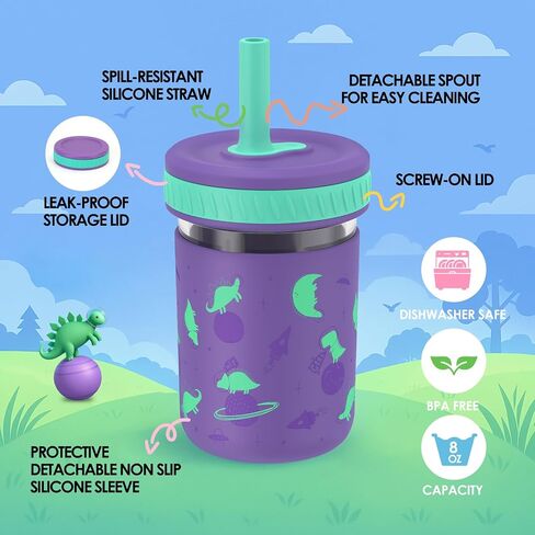 Sursip Toddler Glass Cups with Straw, Spill-Proof Kids Mason Jar Food Storage with Lids, Sippy Cups for Drinks, Smoothies, Snacks, Milk Cup [4 Pack] 8 oz 2-in-1 in Saudi Arabia