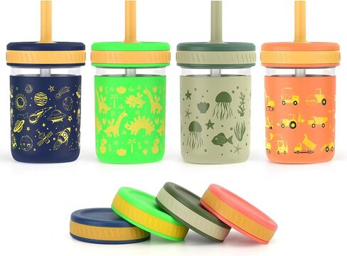 Sursip Toddler Glass Cups with Straw, Spill-Proof Kids Mason Jar Food Storage with Lids, Sippy Cups for Drinks, Smoothies, Snacks, Milk Cup [4 Pack] 8 oz 2-in-1 in Saudi Arabia