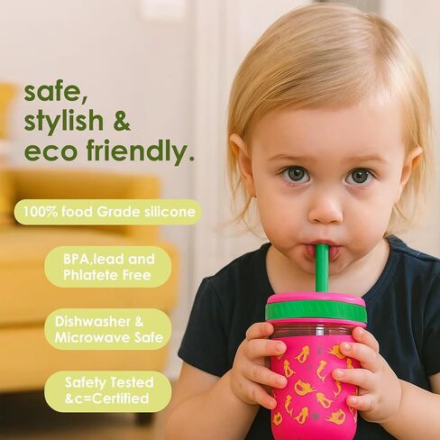Sursip Toddler Glass Cups with Straw, Spill-Proof Kids Mason Jar Food Storage with Lids, Sippy Cups for Drinks, Smoothies, Snacks, Milk Cup [4 Pack] 8 oz 2-in-1 in Saudi Arabia