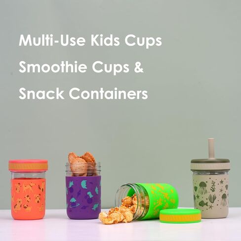 Sursip Toddler Glass Cups with Straw, Spill-Proof Kids Mason Jar Food Storage with Lids, Sippy Cups for Drinks, Smoothies, Snacks, Milk Cup [4 Pack] 8 oz 2-in-1 in Saudi Arabia