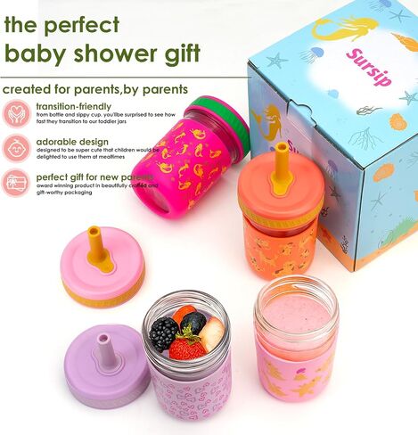 Sursip Toddler Glass Cups with Straw, Spill-Proof Kids Mason Jar Food Storage with Lids, Sippy Cups for Drinks, Smoothies, Snacks, Milk Cup [4 Pack] 8 oz 2-in-1 in Saudi Arabia