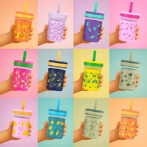 Sursip Toddler Glass Cups with Straw, Spill-Proof Kids Mason Jar Food Storage with Lids, Sippy Cups for Drinks, Smoothies, Snacks, Milk Cup [4 Pack] 8 oz 2-in-1 in Saudi Arabia