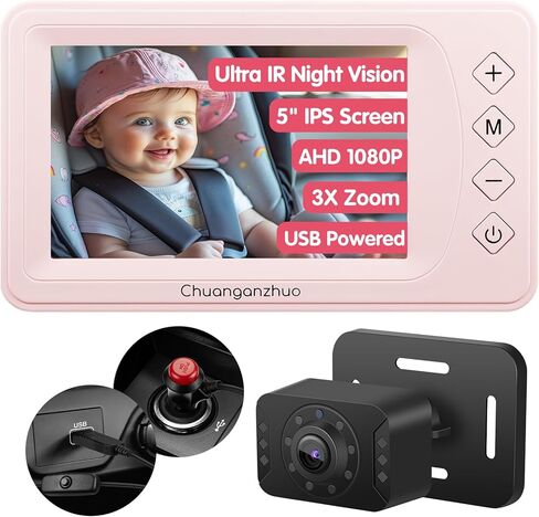 كاميرا سيارة الأطفال S100P مع رؤية ليلية فائقة ، 5 '' HD 1080p IPS شاشة Baby Car مع تكبير 3x ، المقعد الخلفي/carseat/المقعد الخلفي كاميرا USB ، وتثبيت سهلة عدم التدمير ، والسلامة للرضع والحيوانات الأليفة (5 بوصات أسود) in Kuwait