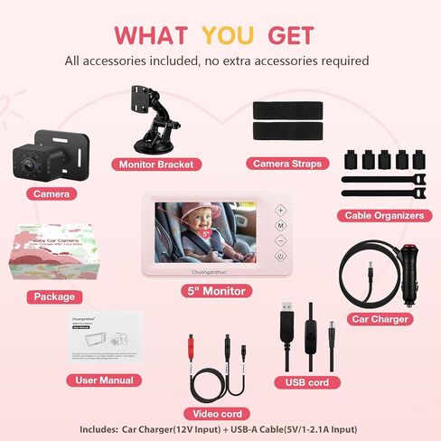 كاميرا سيارة الأطفال S100P مع رؤية ليلية فائقة ، 5 '' HD 1080p IPS شاشة Baby Car مع تكبير 3x ، المقعد الخلفي/carseat/المقعد الخلفي كاميرا USB ، وتثبيت سهلة عدم التدمير ، والسلامة للرضع والحيوانات الأليفة (5 بوصات أسود) in Kuwait