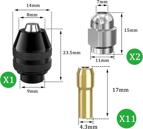 16PCS Drill Chuck Collet Set for Dremel, 0.8-3.2mm Replacement 4486 Drill Keyless Bit Chuck Shank Rotary Tool Quick Change Adapter Kit with Replacement 4485 Brass Collet Metal Nut in Kuwait