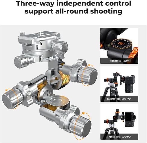 K&F Concept 3-Way Tripod Head ، millimeter micro-admustment ، leuminum alloy tripod head cumper maxuum lead of 6 kg for star اطلاع ، التصوير التجاري ، إلخ. in Kuwait
