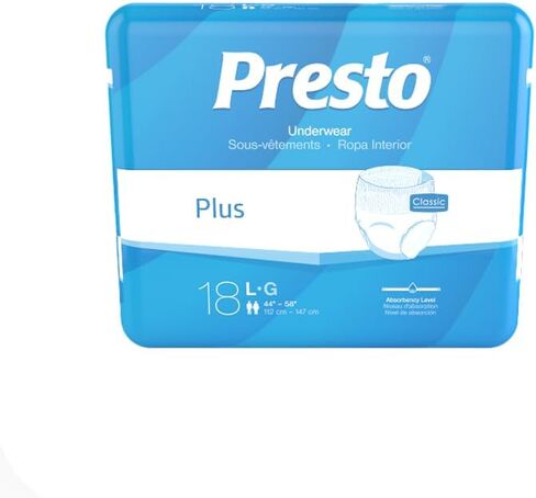 Presto Classic Plus Incontinence Underwear, Unisex Large, 45-58 Inch, White, 18 Count in Saudi Arabia
