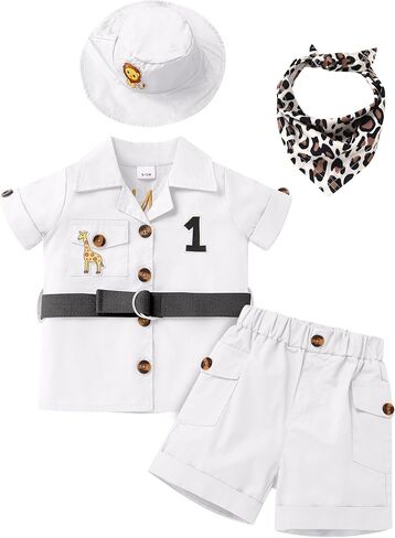 Idopip Safari أول عيد ميلاد للطفل Baby Boys Wild Jungle Animals Bults Top Shorts Hat Bandana Set Cake Smash Party Party in Kuwait