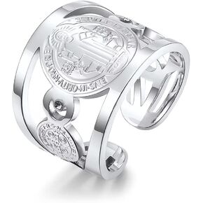 St Benedict Rings Stainless Steel Saint Exorcism Ring for Men Women Christian Jesus Catholic Roman Cross Open Adjustable Ring