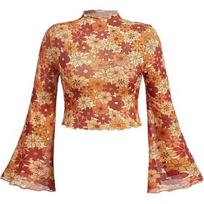 Verdusa Women's Plus Size Floral Print Tees Mock Neck Bell Sleeve Crop Mesh Top