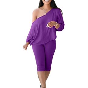 Women's Two Piece Outfits Off One Shoulder Long Sleeve Pullover Top Drawstring Capri Pants Tracksuit Sets