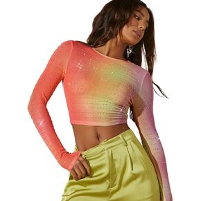 Verdusa Women's Rhinestone Sheer Mesh Tops Ombre Long Sleeve Slim Fitted Crop Tees
