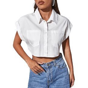 Verdusa Women's Pocket Front Roll Up Cap Sleeve Button Down Crop Blouse Top