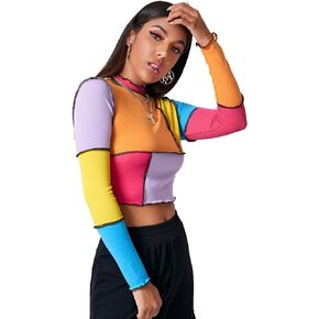 تيشيرت نسائي من SweatyRocks مصنوع من نسيج مضلع ذو ألوان زاهية وأكمام طويلة