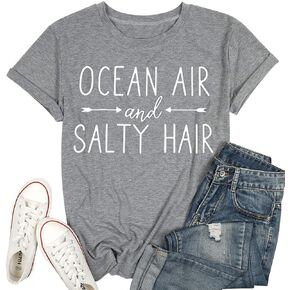 Ocean Air and Salty Hair Womens Graphic T Shirt Causal Short Sleeve Funny Shirt Top Tee Athletic Shirts
