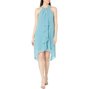 Adrianna Papell Stretch Jersey Halter Neck Dress with Chiffon Ruffle Overlay