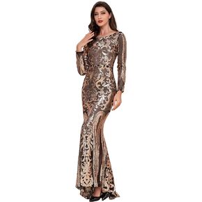 Women Evening Dress Sequin Long Sleeve Mermaid Crew Neck Cocktail Dress