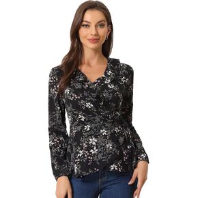 Allegra K Women's Floral V Neck Wrap Top Long Sleeve Tie Waist Ruffle Peplum Blouse in Kuwait