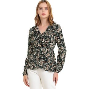 Allegra K Women's Floral V Neck Wrap Top Long Sleeve Tie Waist Ruffle Peplum Blouse