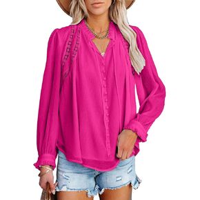 siliteelon Womens Button Down Shirts Long Sleeve Dress Blouses V Neck Solid Casual Flowy Tunics Floral Lace Crochet Tops