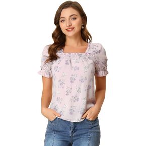 Allegra K Women's Square Neck Puff Short Sleeve Ruched Front Ruffle Floral Blouse Top
