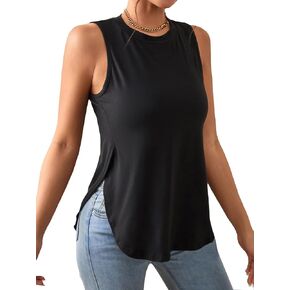 GORGLITTER Women's Summer Tank Tops Side Split Sleeveless Round Neck Asymmetrical Tee Curved Hem Top